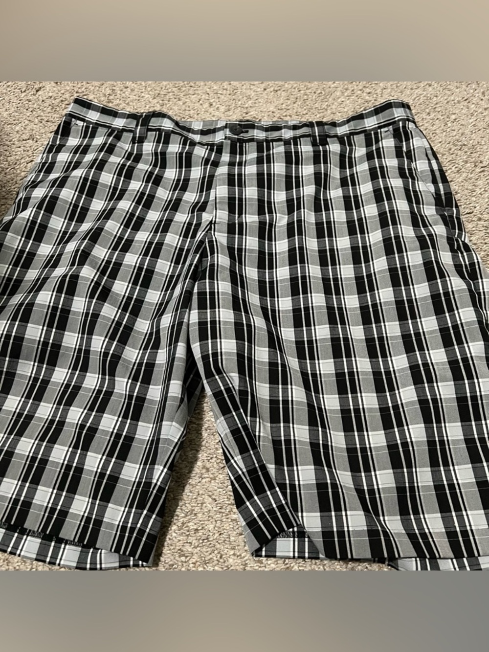 adidas Men's Black and White Plaid Flat Front Shorts